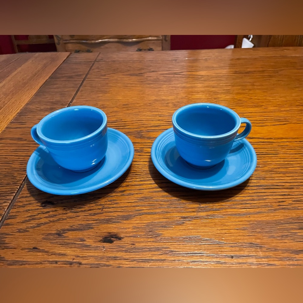 Fiesta Bright Turquoise Blue Teacup and Saucer Set - Pair